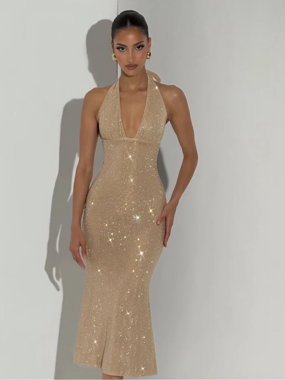 Sequined Halter Midi Dress in Champagne - Picture 4 of 5
